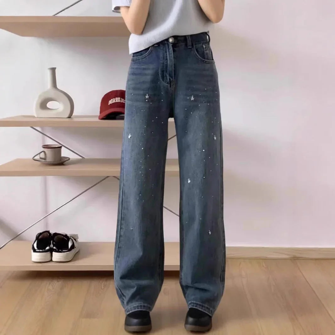 Light Blue Narrow Wide Leg Jeans Straight Spring - VAleG