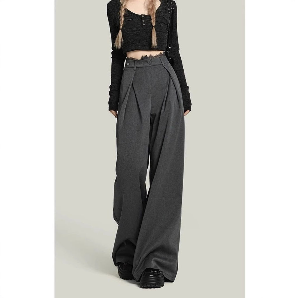 Pantaloni casual a gamba larga con cuciture in pizzo nero da donna