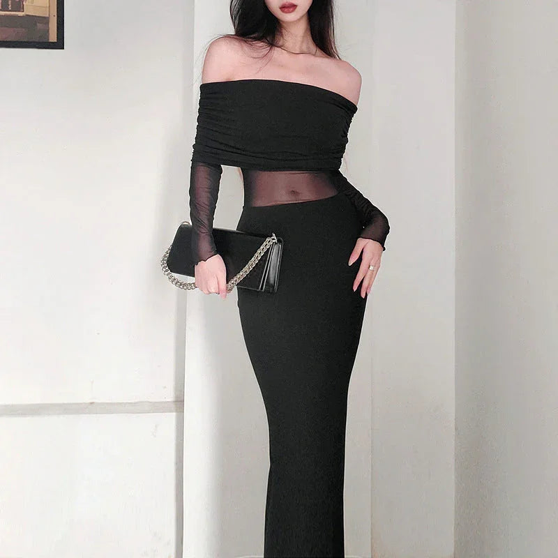 Women's Winter Sexy Off-the-shoulder Pleated Long Sleeve Polyester Dress - VAleG