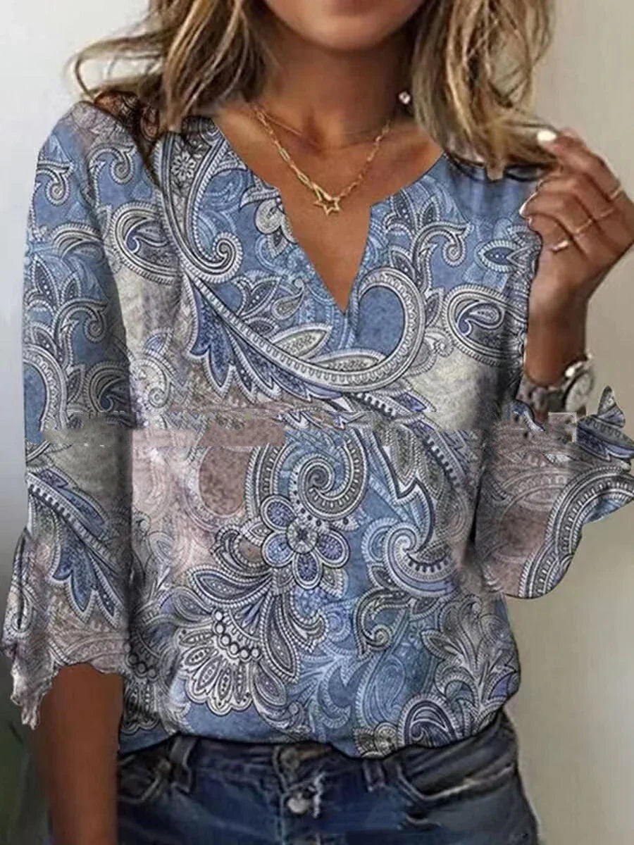 V Neck Printed Flare Sleeve T Shirt - VAleG