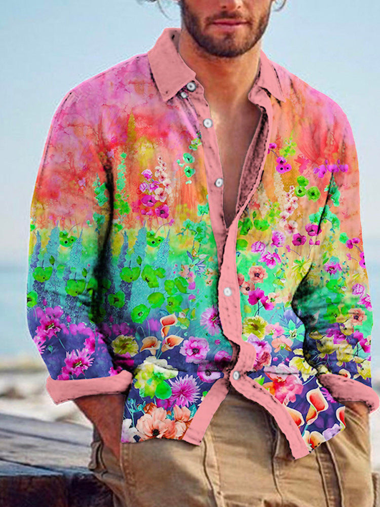 Color Matching Bamboo Linen Printed Men's Shirt VAleG