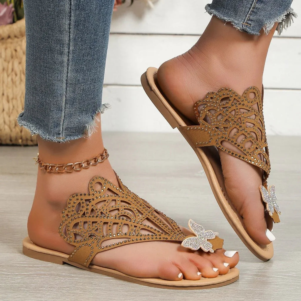 Slip-on Flip-toe Sandals Women's Rhinestone Hollow Flat-heeled Slippers - VAleG