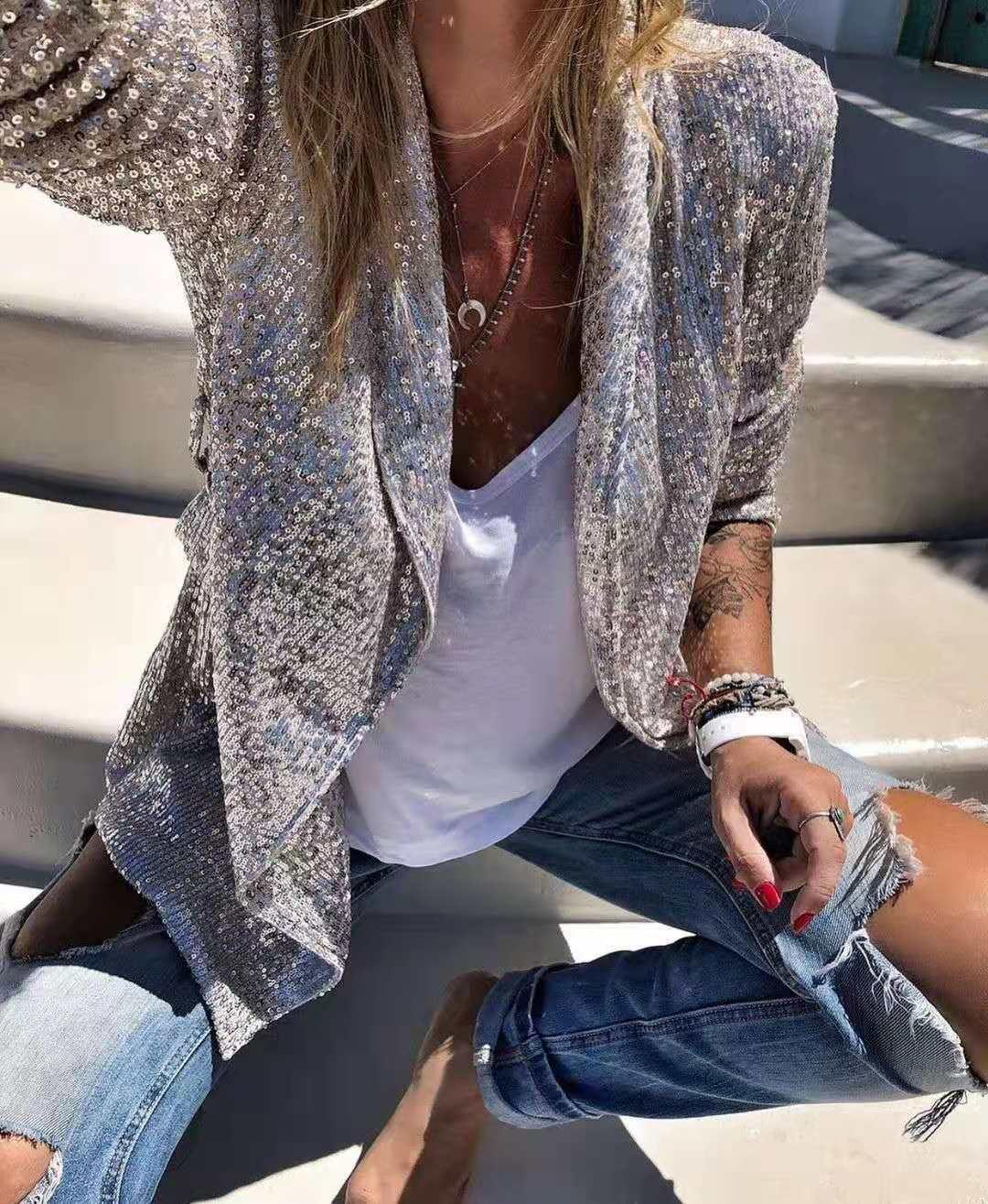 Sequined Long Sleeve Elegant Small Blazer - VAleG