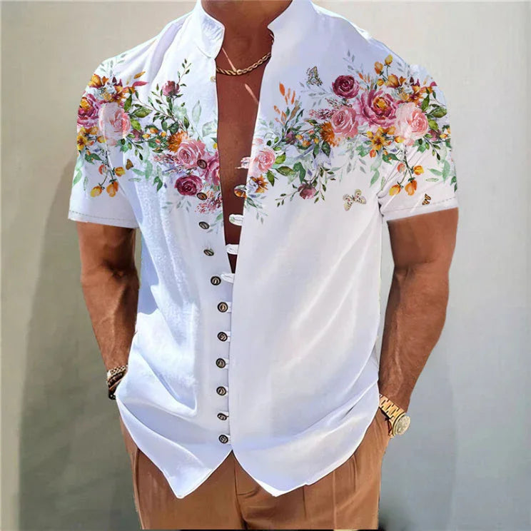Men's Printed Stand Collar Short Sleeve Button Shirt - VAleG