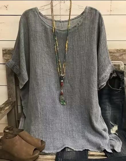 Women Fashion Casual Shirts Solid Color 3 4 Sleeve Round Neck Blouses Summer Loose Tops Streetwear - VAleG