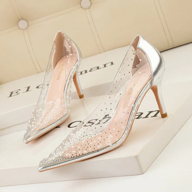 Transparent Cutout Pearl Shining Rhinestone Women's Shoes - VAleG