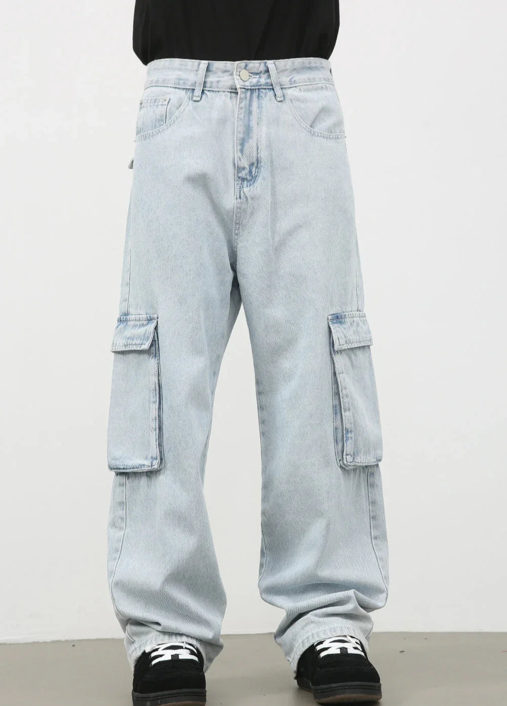 Retro Washed Light Blue Cargo Jeans Male - VAleG