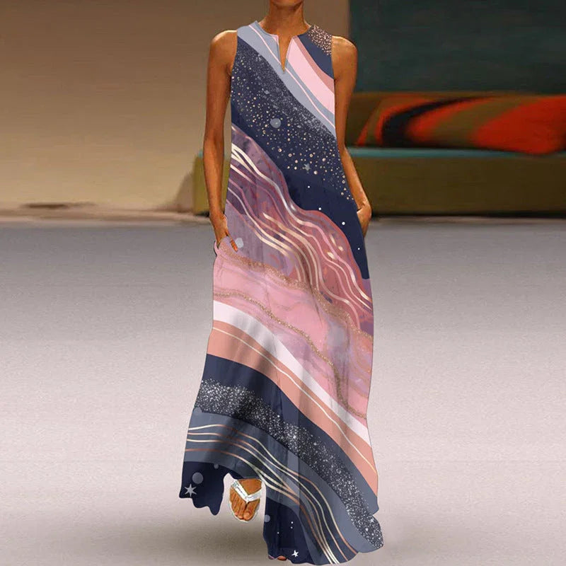 Printed V-neck Pocket Long Dress Swing - VAleG