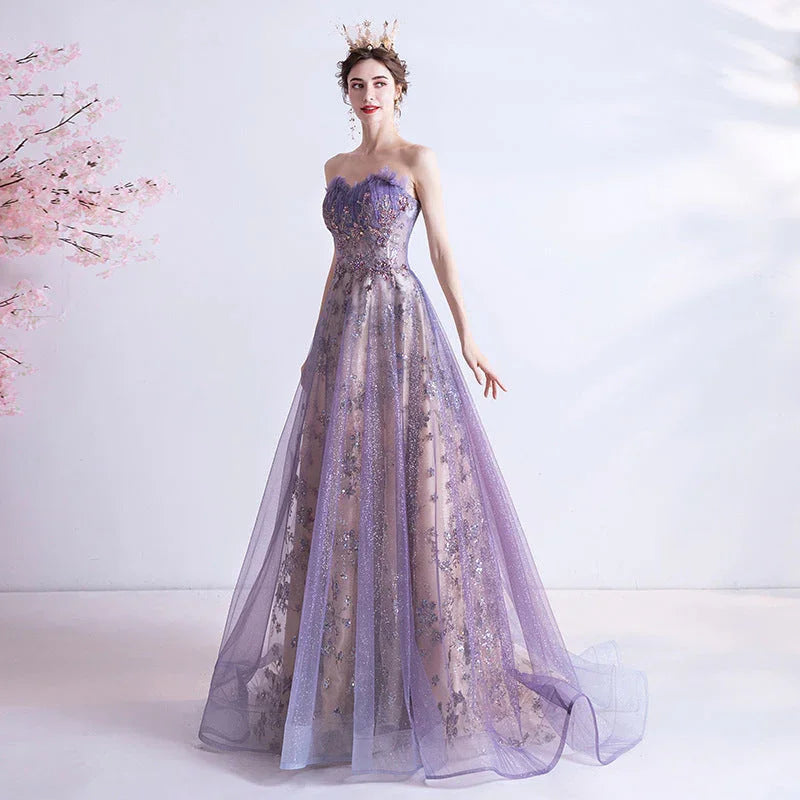 Strapless Purple Sequin Starry Dress Wedding Dress - VAleG
