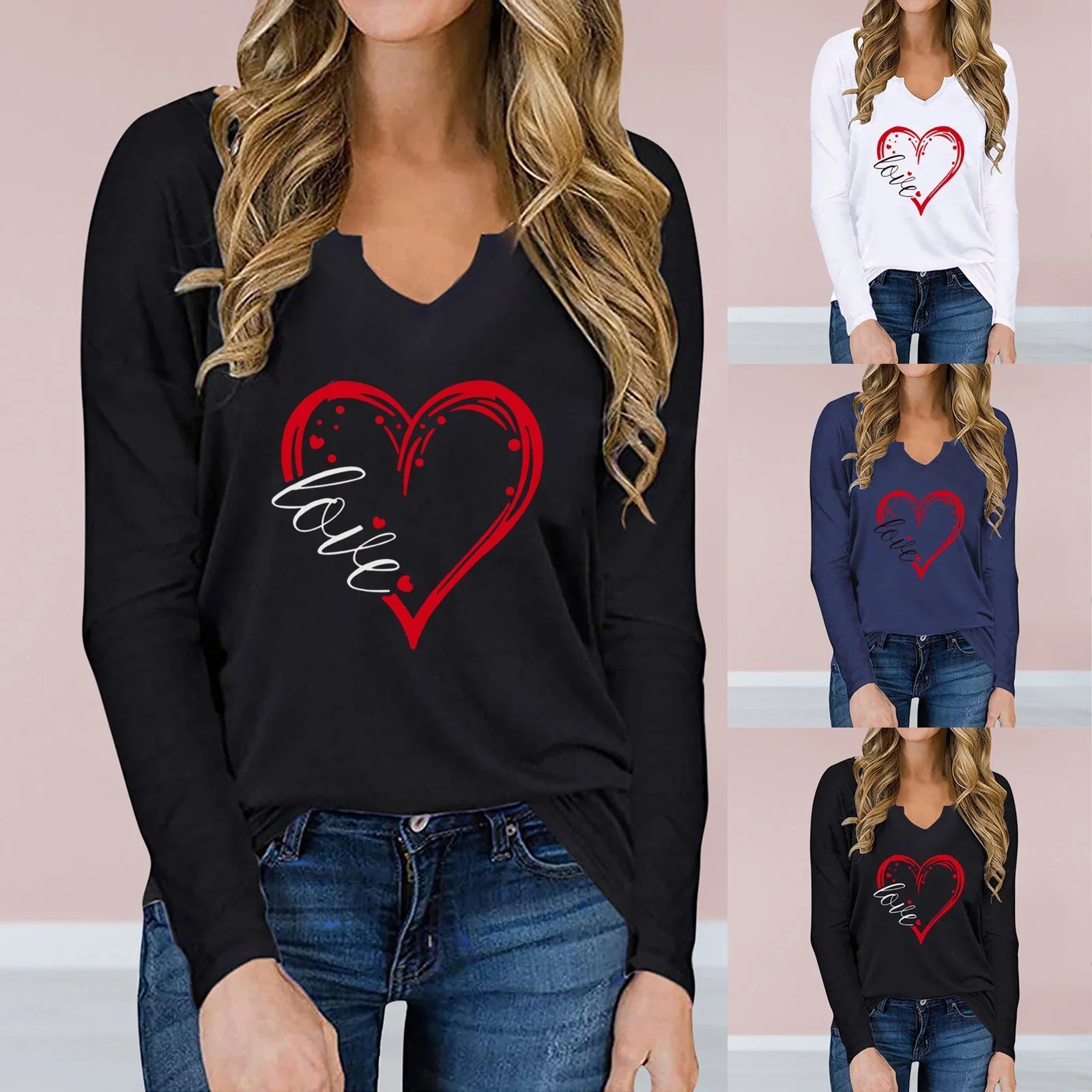 Vneck Valentines Day Printed Tshirt Cross-border Longsleeved Loose Top - VAleG