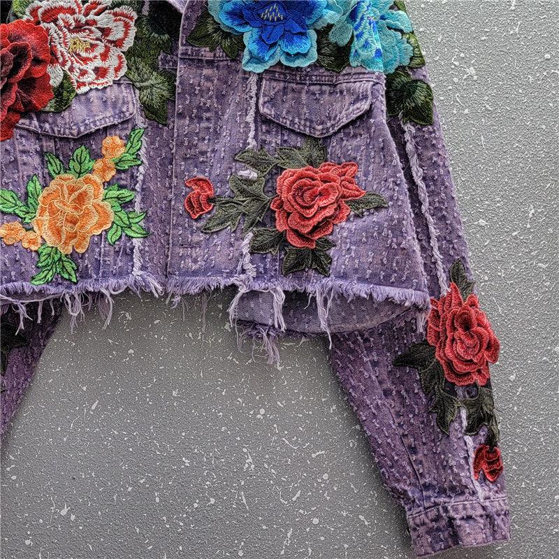 Design Sense Heavy Industry Three-dimensional Flower Short Frayed Hem Casual Denim Coat - VAleG