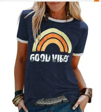 Women's Printed Round Neck Short Sleeve T-shirt - VAleG