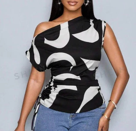 Print Asymmetric Collar Side Drawstring Shirt With Random Printing One Shoulder Top - VAleG