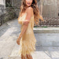 Sexy Tassel Sequins Feather Summer Mini Dress Women V Neck Spaghetti Strap Stitching Dresses Female Elegant Evening Party Club Dress - VAleG