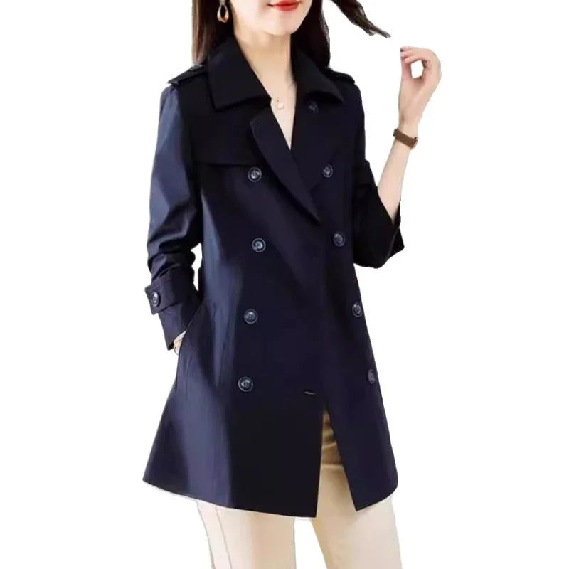 Women's Mid-length Trench Coat Double Breasted Fitted Waist Overcoat - VAleG