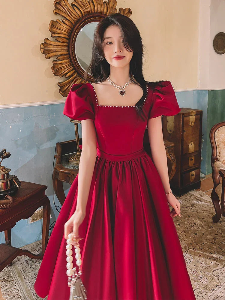 Winter Wine Red Engagement Daily French Princess On The Run Satin Dress - VAleG