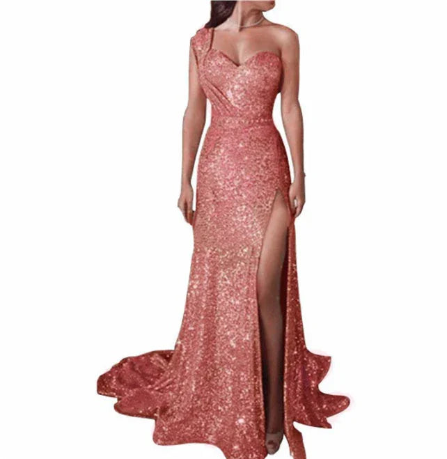 Women's Clothing One-shoulder Sleeveless Bronzing Split Dress - VAleG