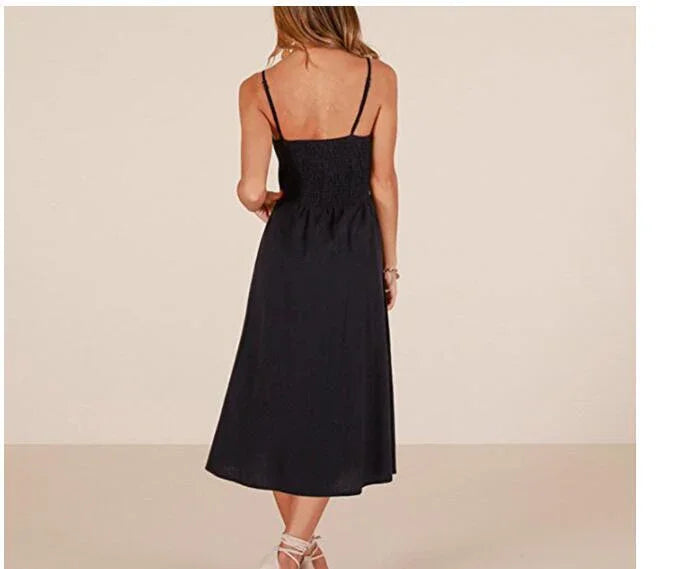Sexy Suspender Button Pocket Halter Dress - VAleG