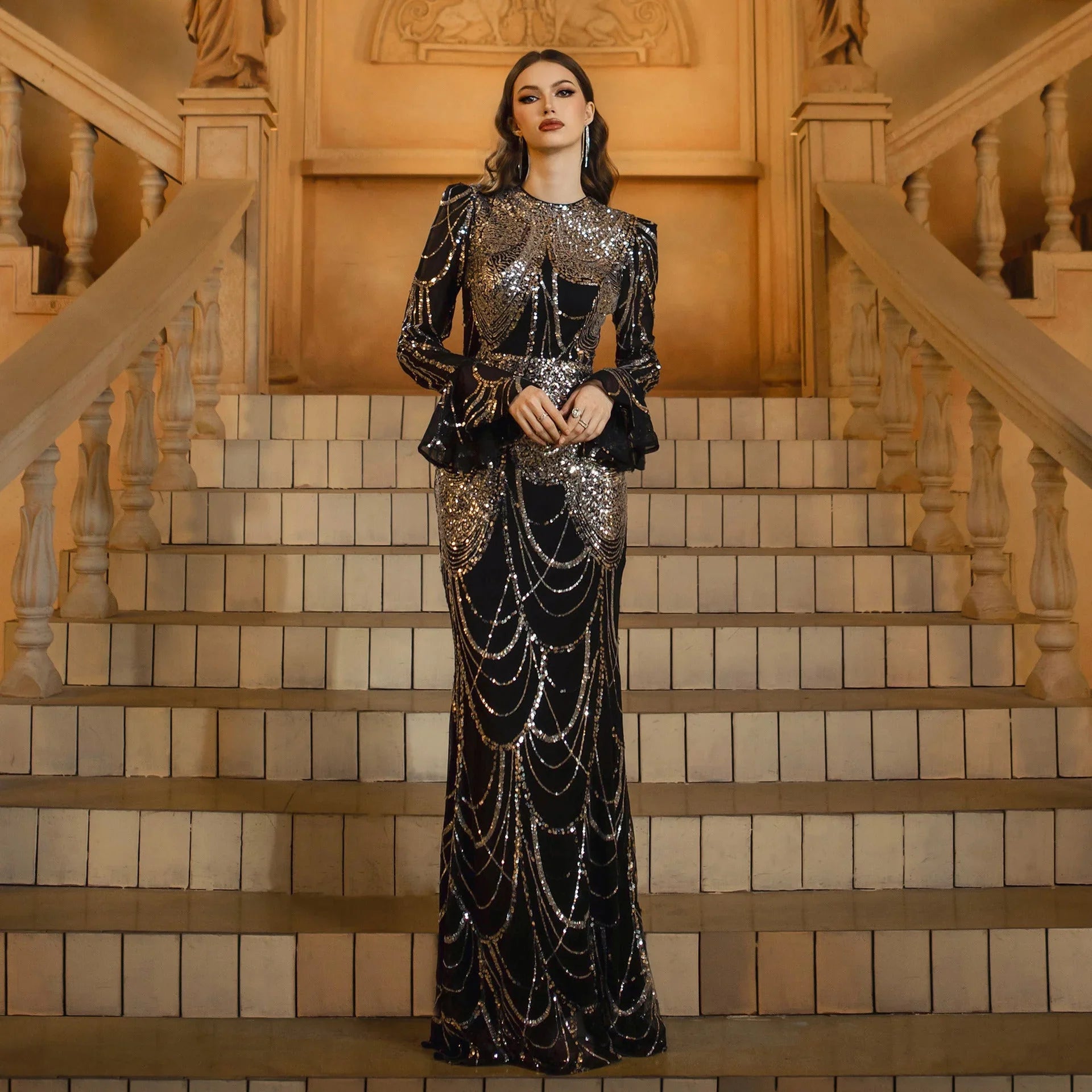 Long Sleeve Round Neck Slim-fit Sheath Sequined Banquet Fishtail Evening Dress - VAleG