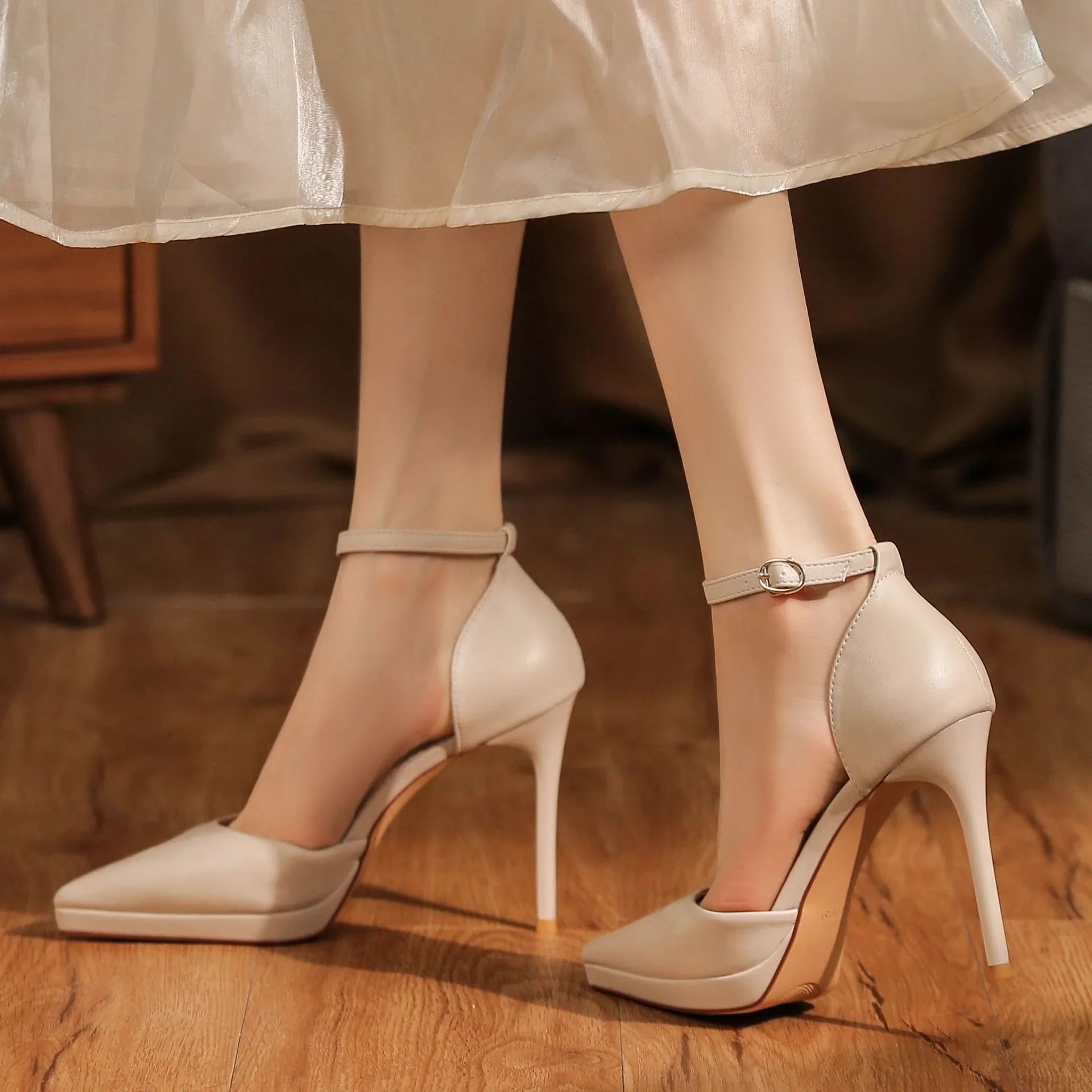 Leather Ankle-strap Stilettos High Heels - VAleG
