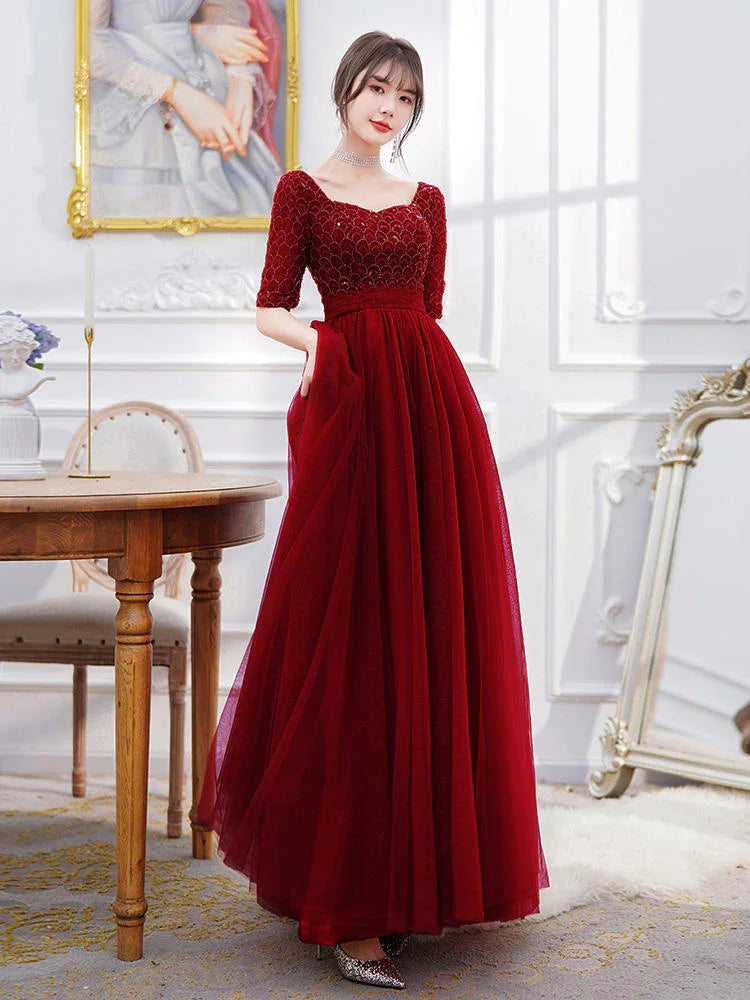 Wine Red Engagement Back Door Evening Dress Female Long Sleeve - VAleG