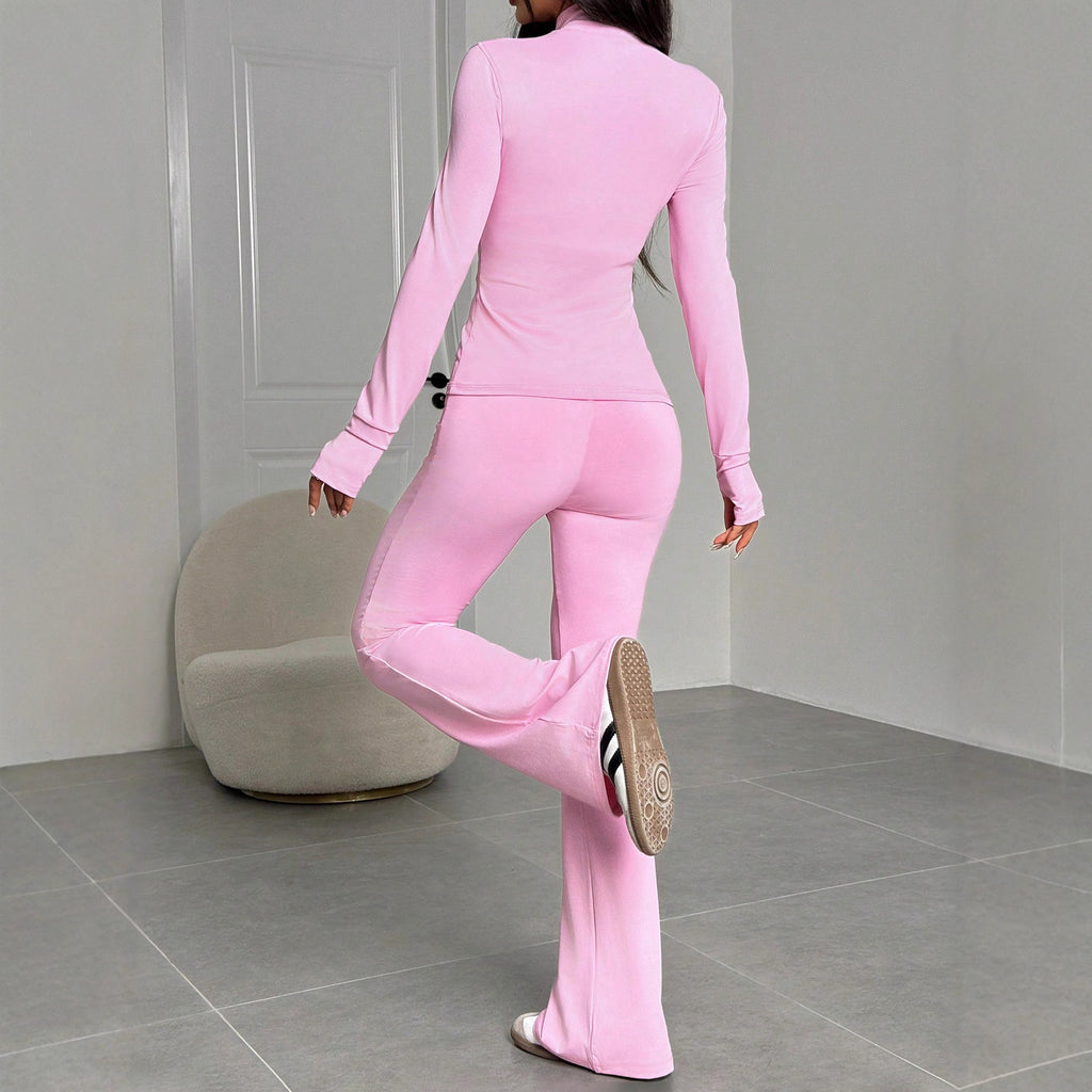 Completo da donna con colletto rialzato, cerniera, tinta unita, top a maniche lunghe e pantaloni