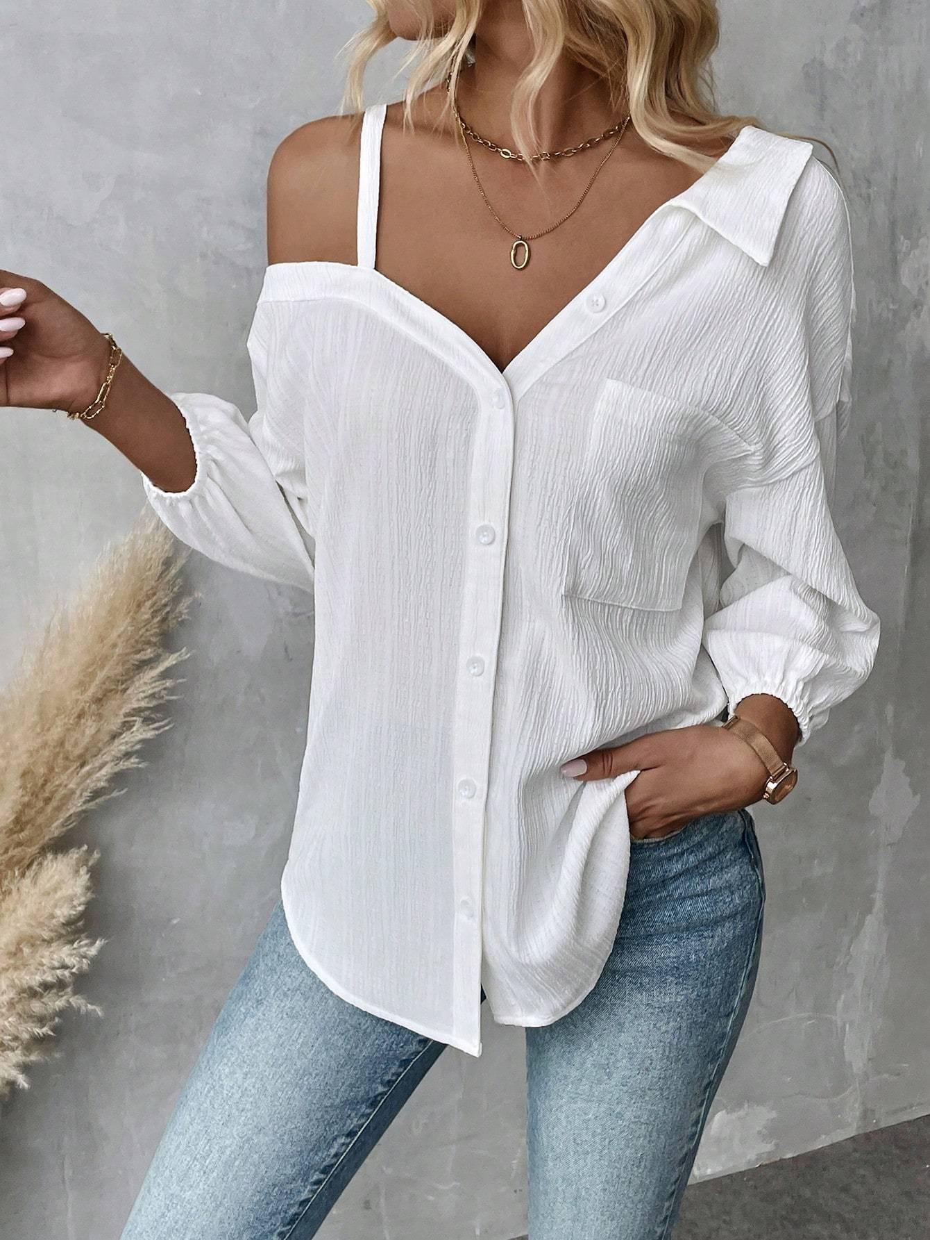 Fall Solid Color White Asymmetric Collar Dropped Shoulder Loose Casual Blouse Spring And Summer New Fashion Street Style Casual Asymmetrical Shoulder Shirt - VAleG
