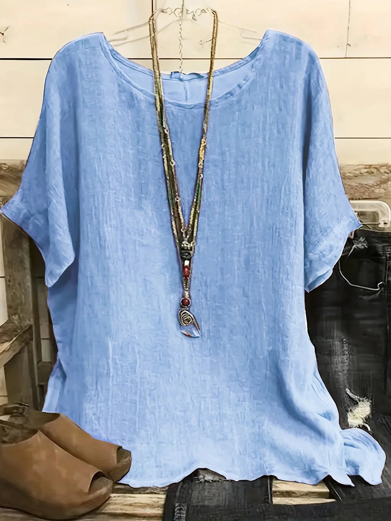 Women Fashion Casual Shirts Solid Color 3 4 Sleeve Round Neck Blouses Summer Loose Tops Streetwear - VAleG