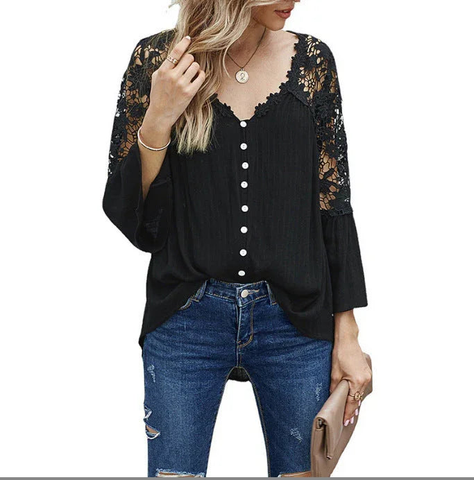 Womens Solid Color V Stitching Breasted Flared Sleeve Top - VAleG