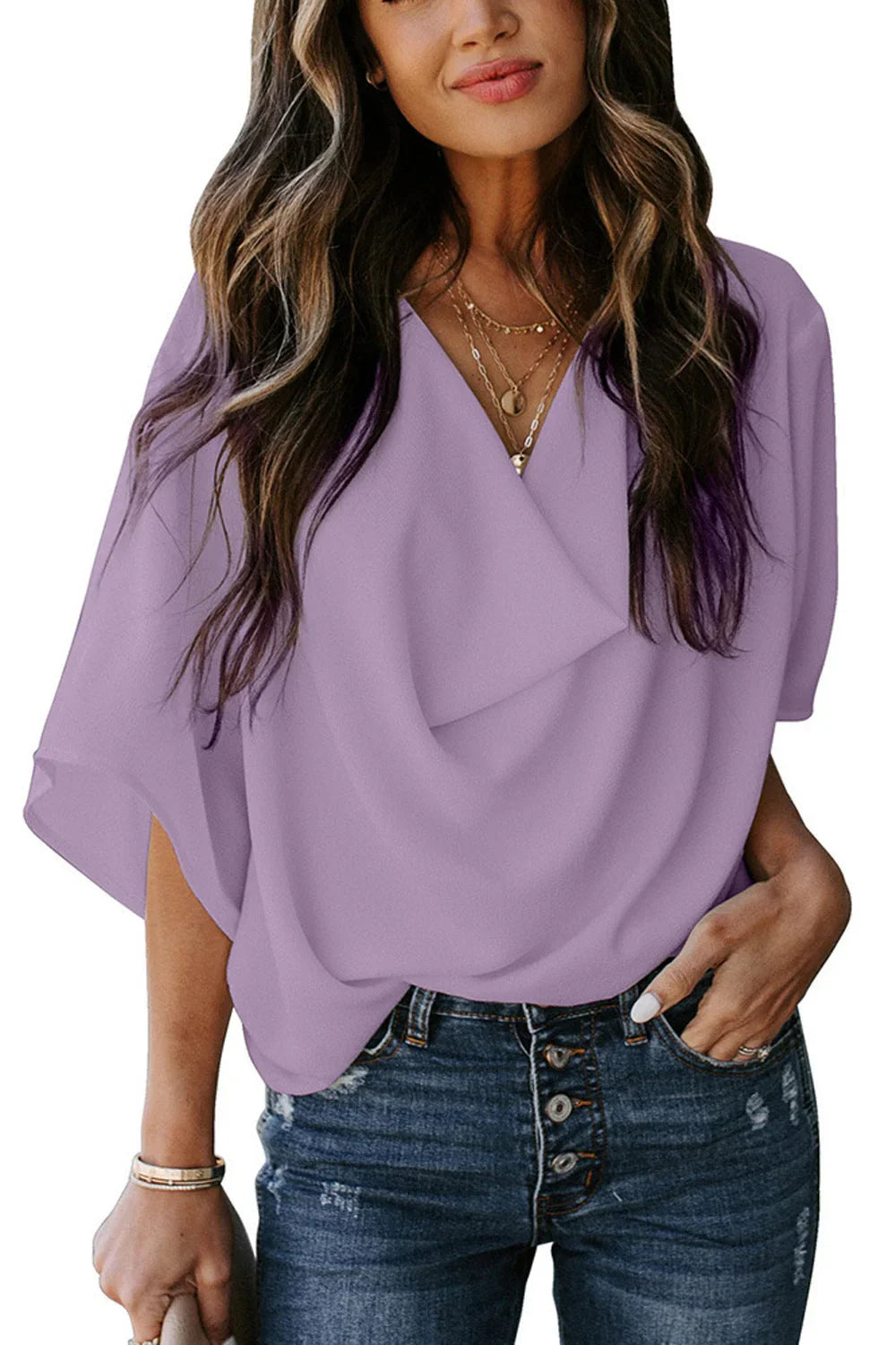 Chiffon shirt loose v-neck top - VAleG