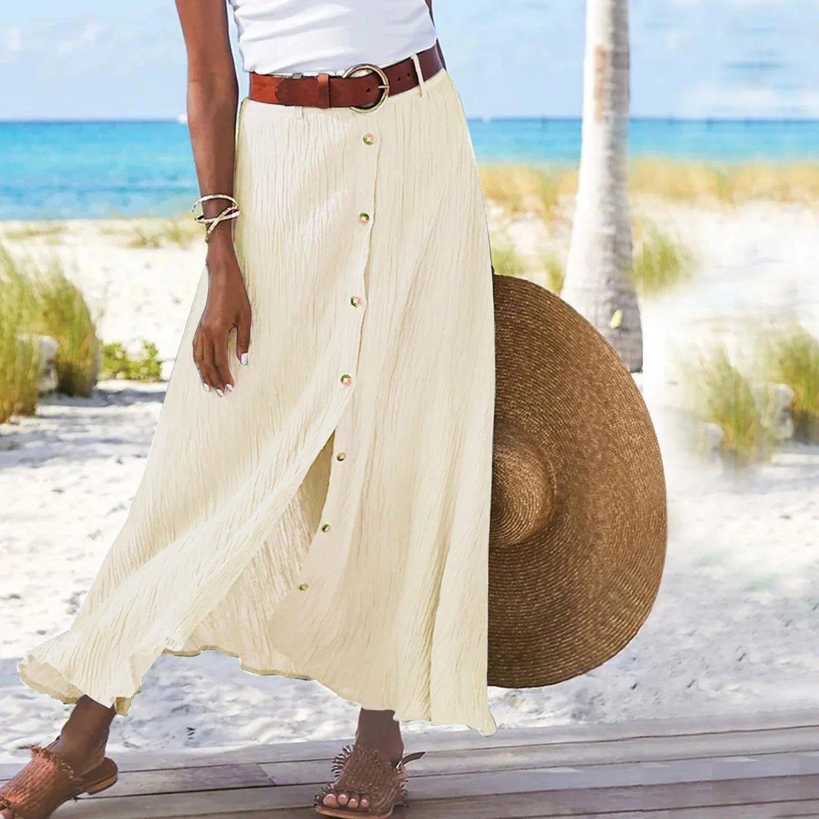 Women's Fashion Cotton Linen A-Line Hip Mid Waist Long Skirt - VAleG