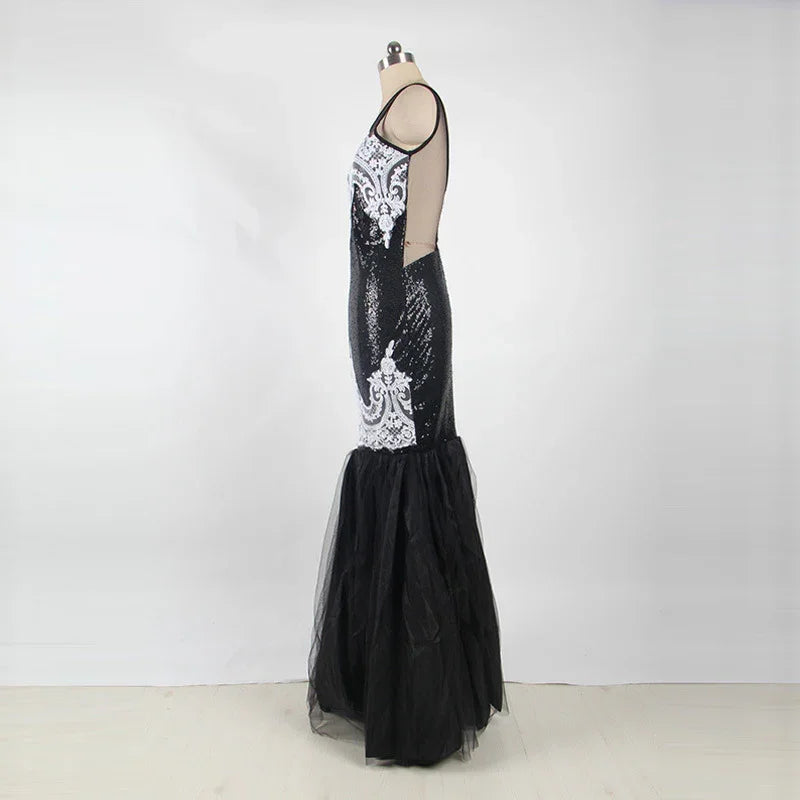 Europe and America long skirt sexy sleeveless sequin mesh stitching banquet evening dress dew backpack hip fishtail mopping dress - VAleG