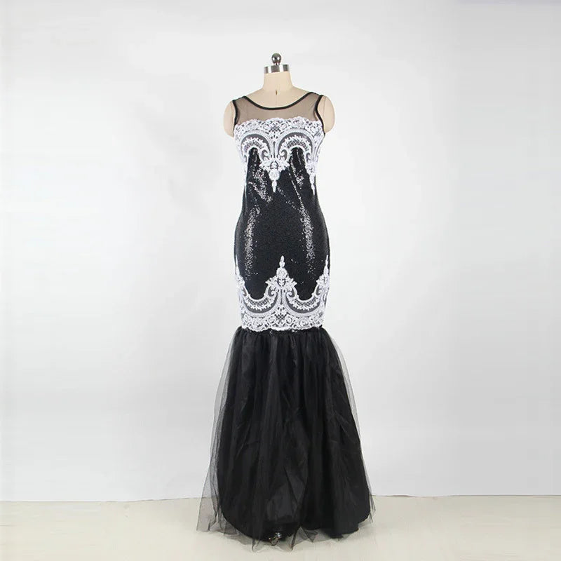 Europe and America long skirt sexy sleeveless sequin mesh stitching banquet evening dress dew backpack hip fishtail mopping dress - VAleG