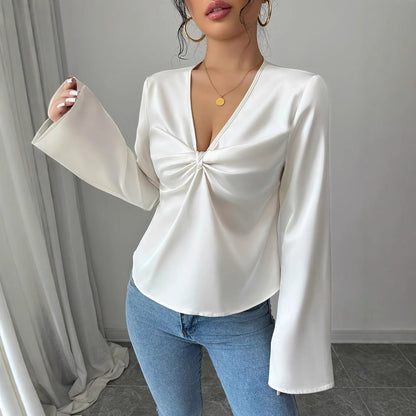 Women's Elegant Solid Color V-neck Ruffled Front Flared Sleeve Shirt - VAleG