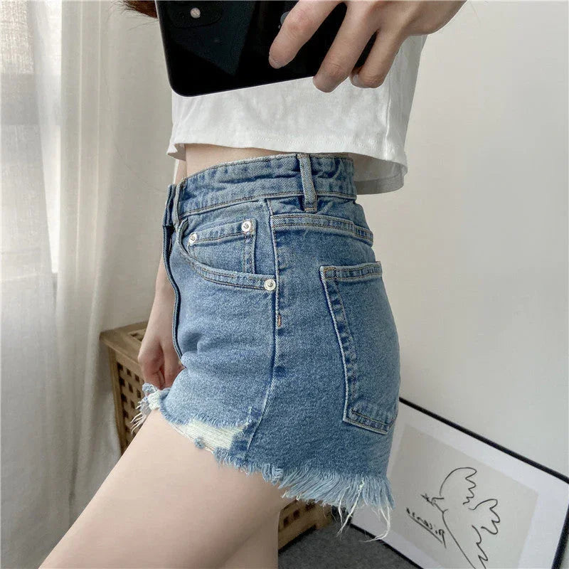 Fashion High Waist Ragged Denim Shorts - VAleG