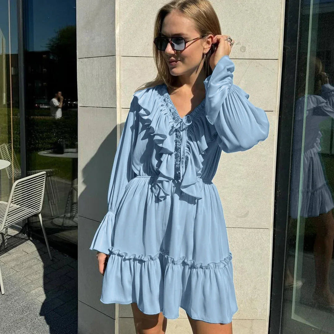 Fashion V Neck Pleated Ruffle Long Sleeve Dress Y2K V Neck Flared Sleeve Short Dress Women's Clothing - VAleG