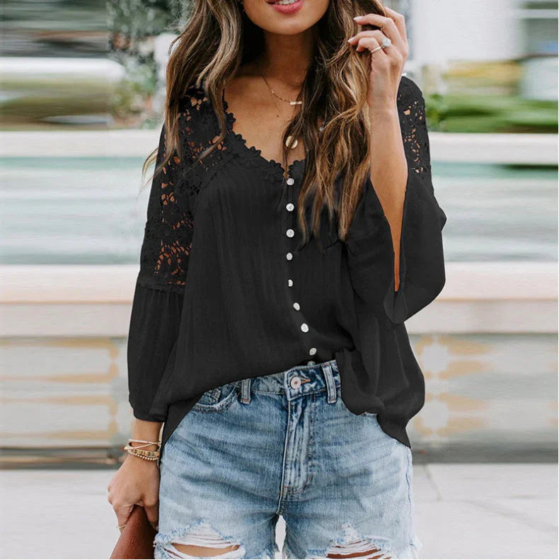 Womens Solid Color V Stitching Breasted Flared Sleeve Top - VAleG