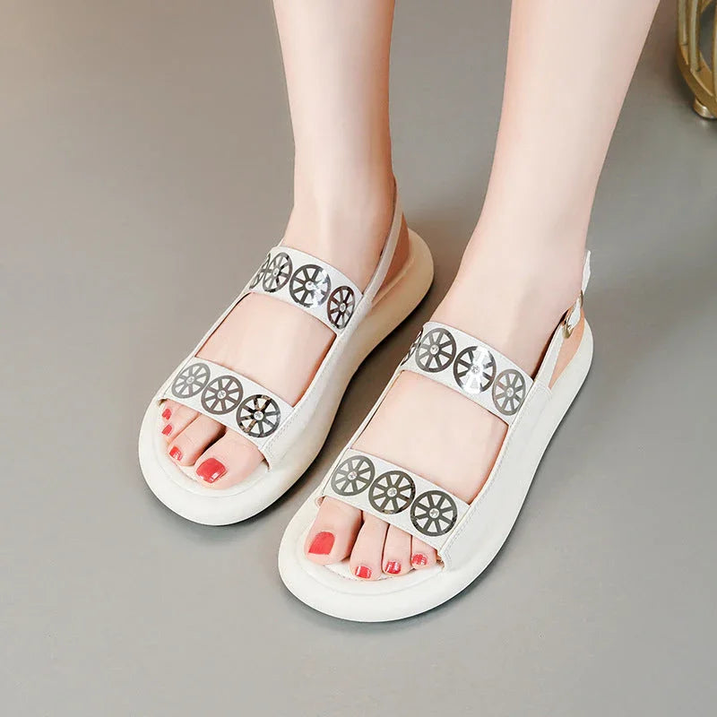 Women's Leather Velcro Flat Sandals - VAleG