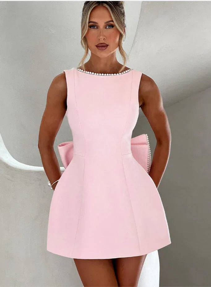 Fashion Big-Bowed Pearls Backless Dress Summer Slim Sleeveless A-line Dresses For Party Evening Women's Clothing - VAleG