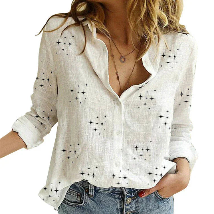 Spring And Autumn Print Casual Loose Long Sleeve Linen Shirt For Women - VAleG