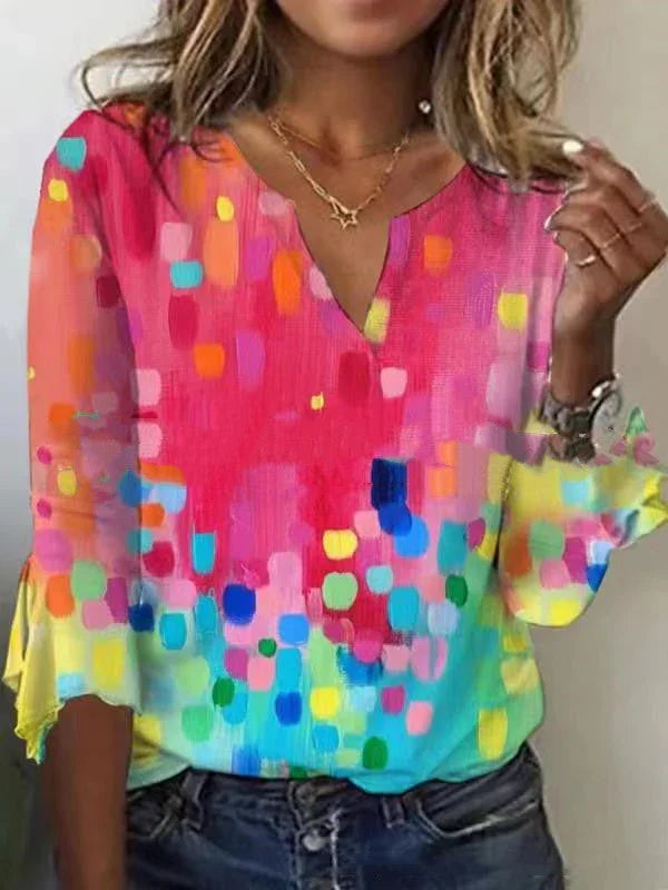 V Neck Printed Flare Sleeve T Shirt - VAleG