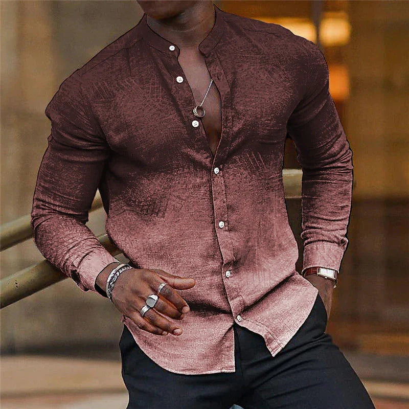 Gradient Men's Casual Long Sleeve Stand Collar Shirt - VAleG