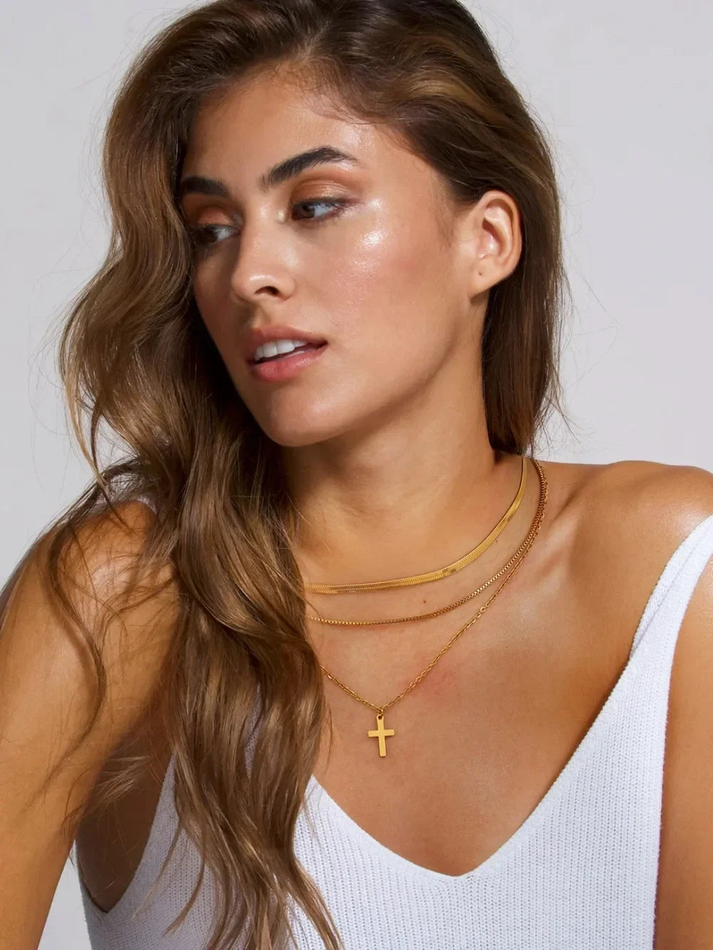 18K Gold-Plated Three-Layered Cross Necklace - VAleG