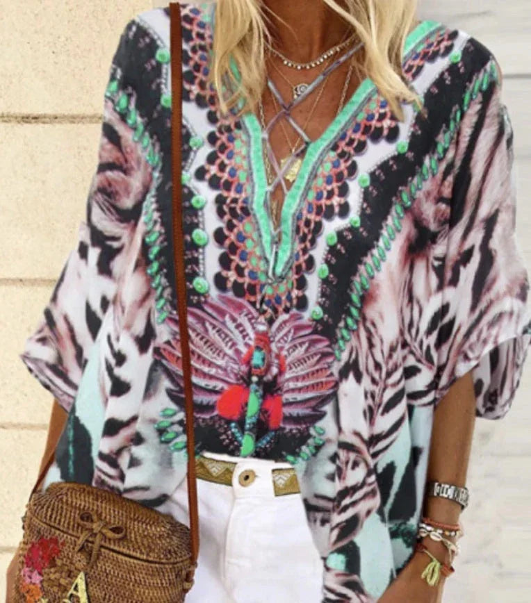 V-neck print comfortable top - VAleG
