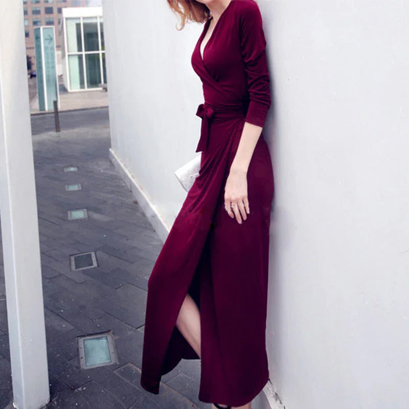 New V-neck Tie Waist Slim Slimming Dress - VAleG