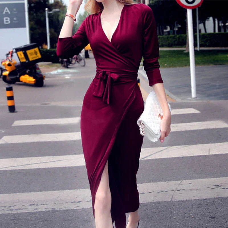 New V-neck Tie Waist Slim Slimming Dress - VAleG