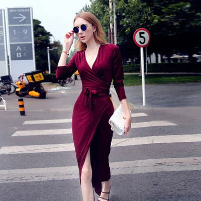 New V-neck Tie Waist Slim Slimming Dress - VAleG