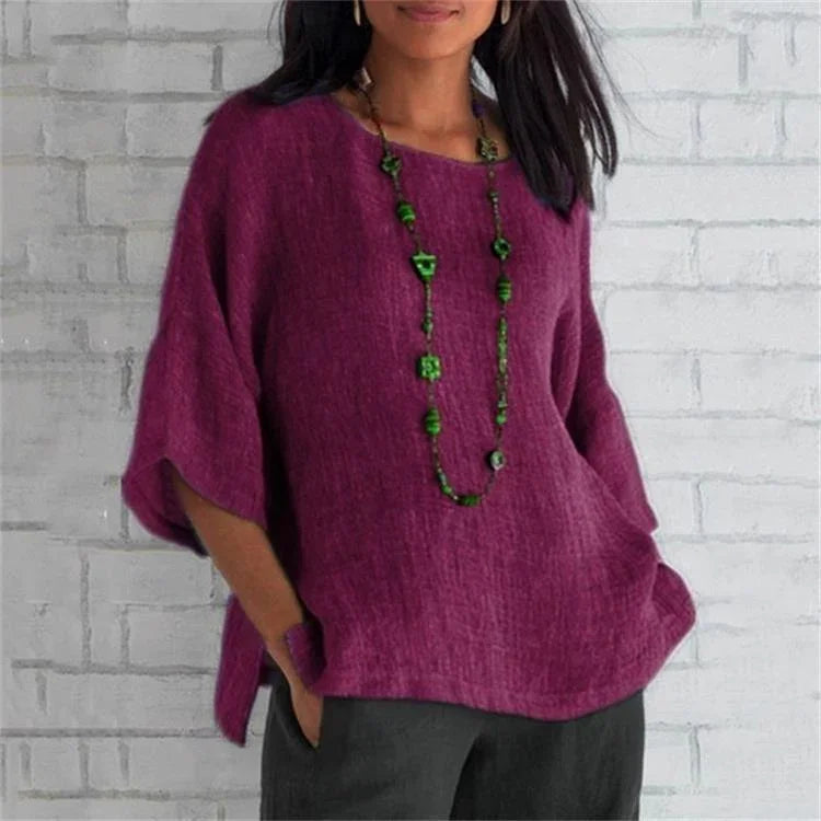 Sleeves round neck cotton and linen shirt - VAleG