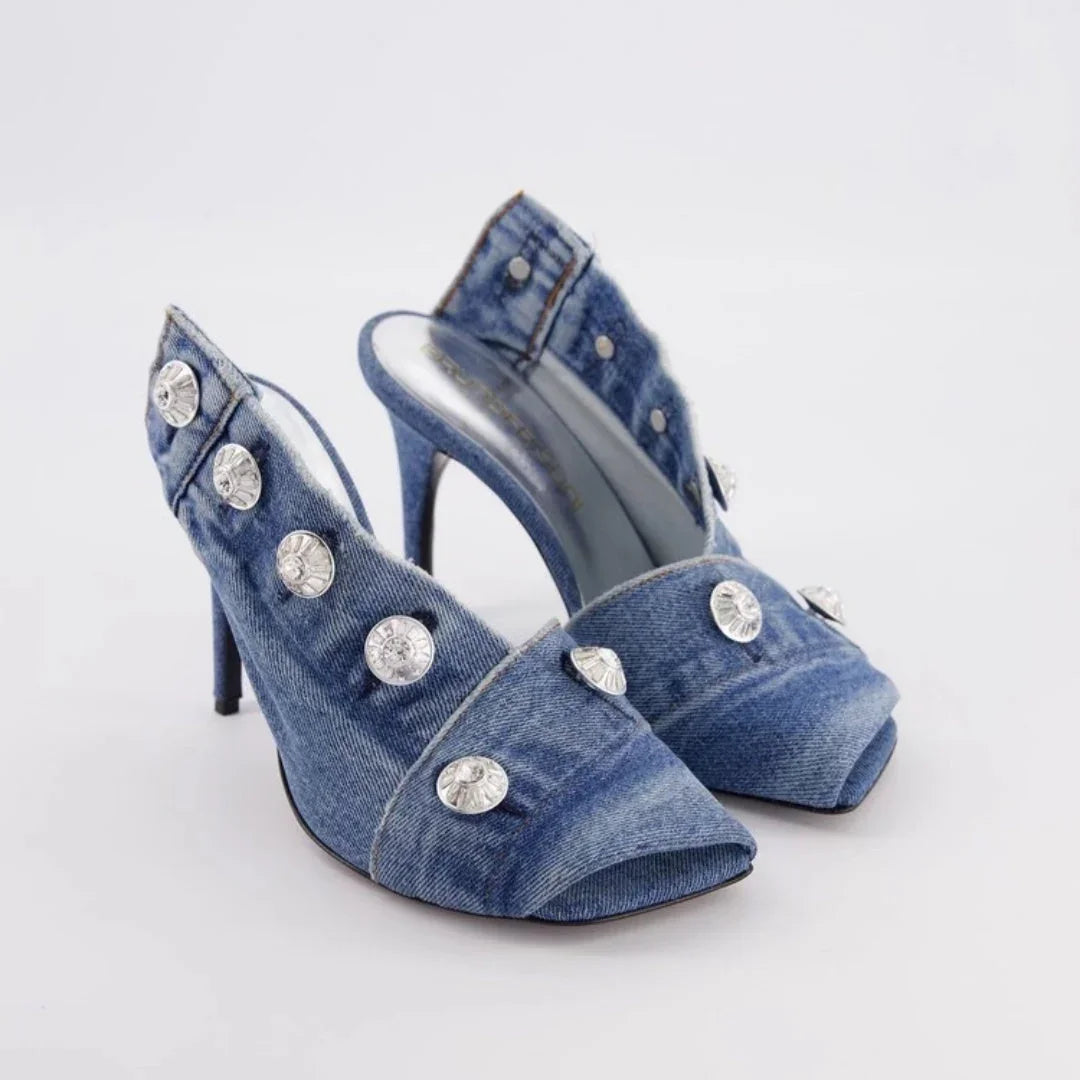 Women's Stiletto Heel Square Toe Denim Metal Rivet Slippers - VAleG