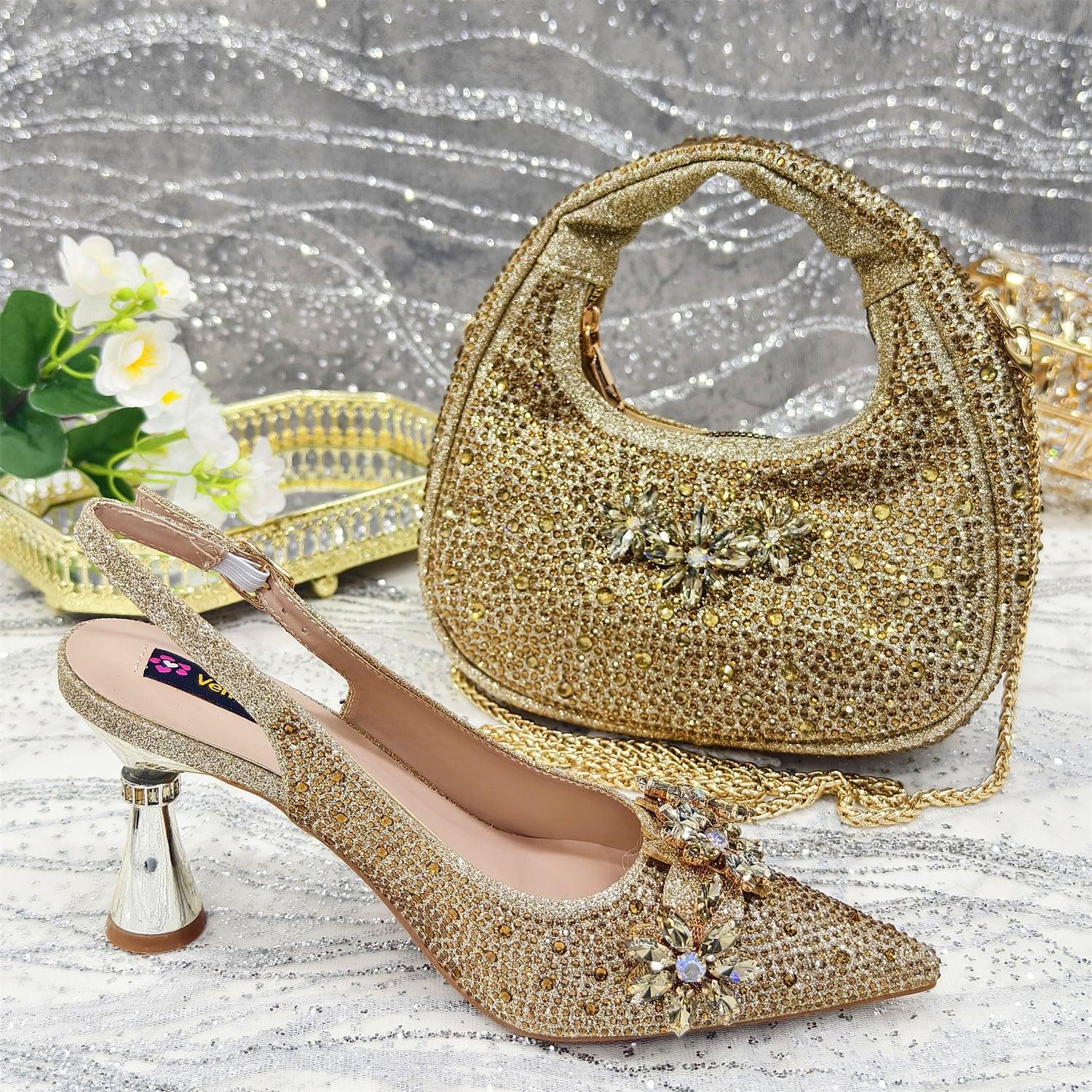 Pointed Toe High Heel Rhinestone Flower Shoes With Handbag Soft - VAleG
